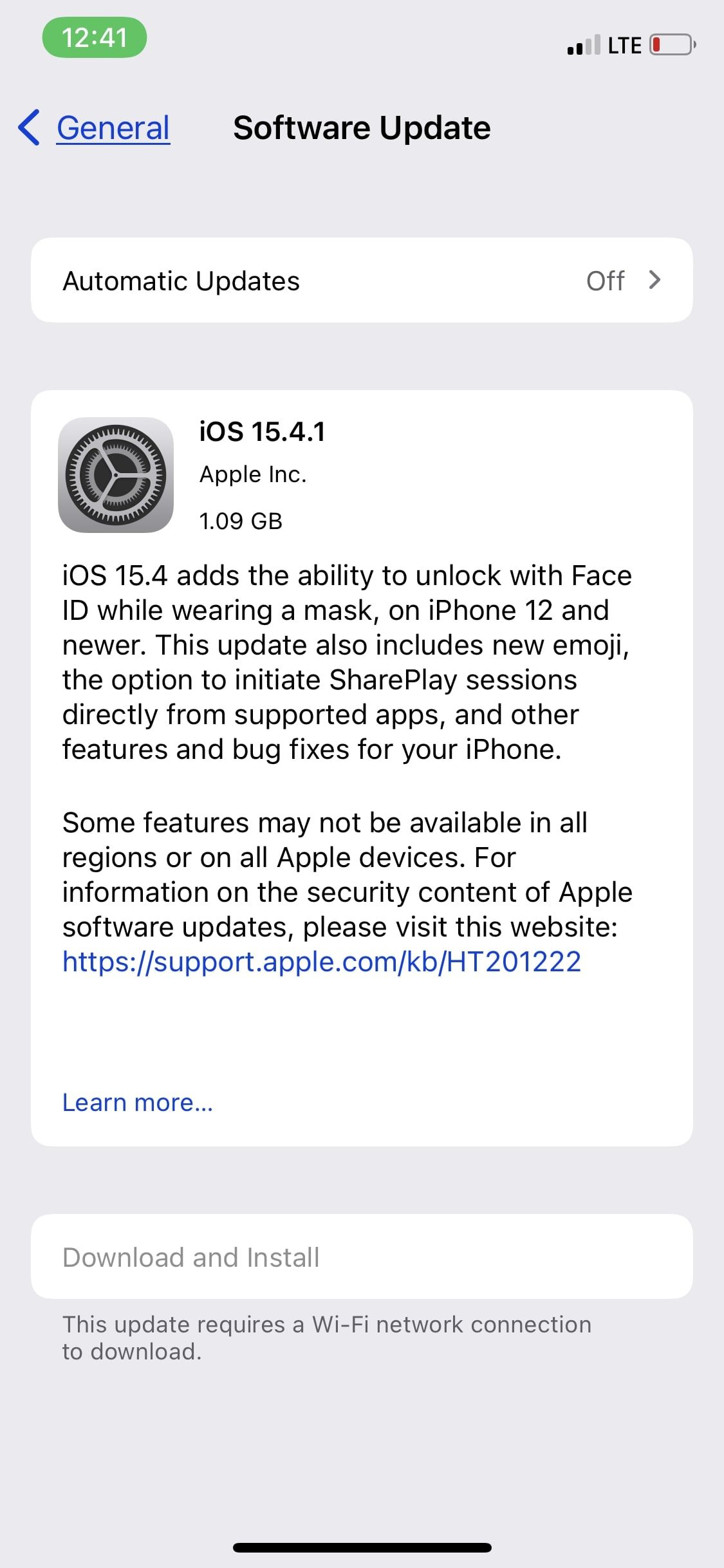 iPhone software update page