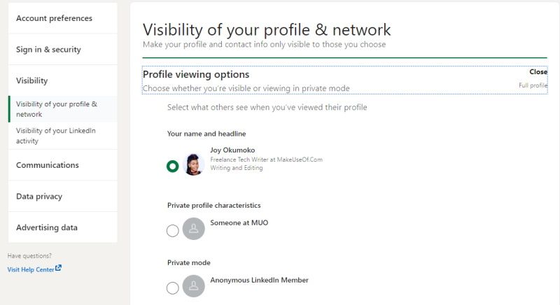 LinkedIn Profile Viewing Options