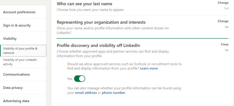 Profile discovery settings outside LinkedIn