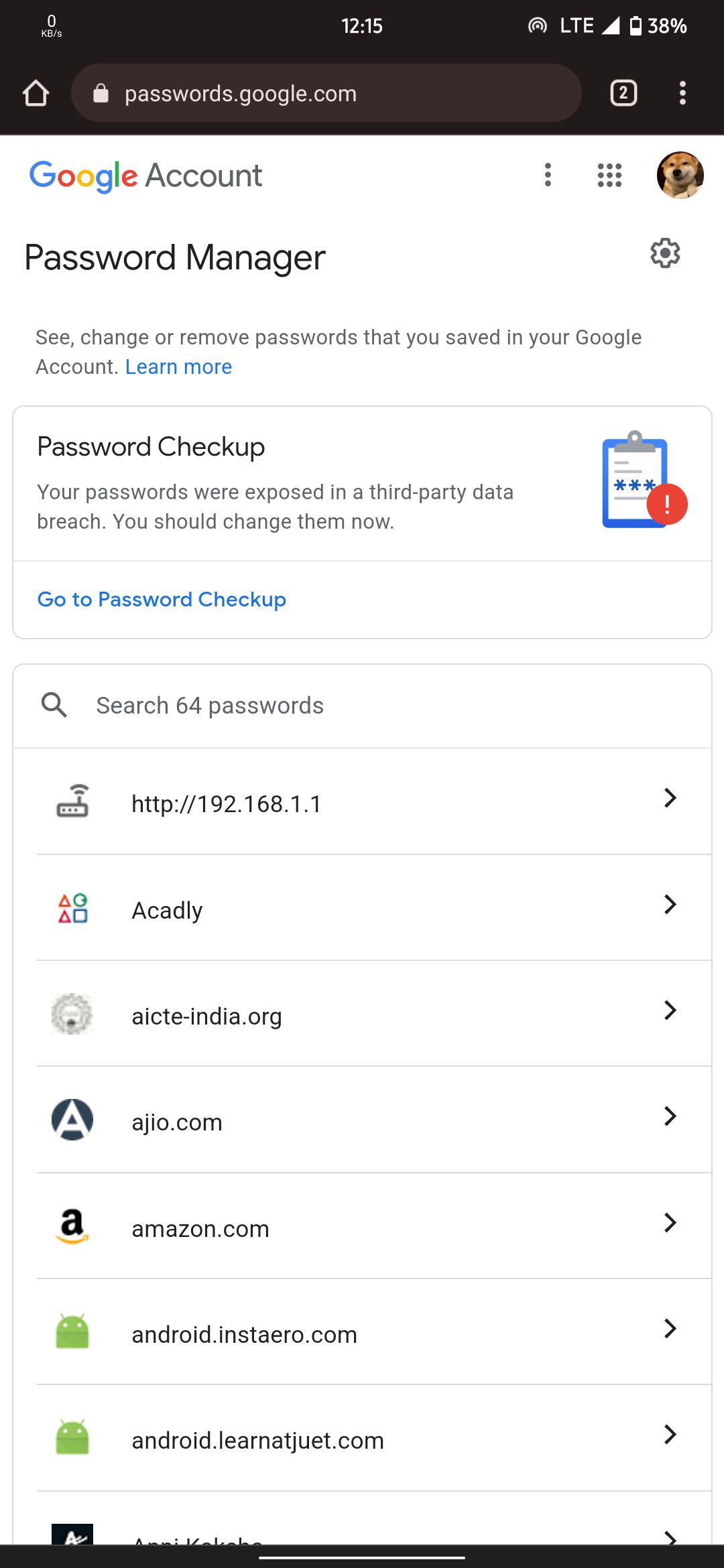 List of accounts saved in Google Password Manager