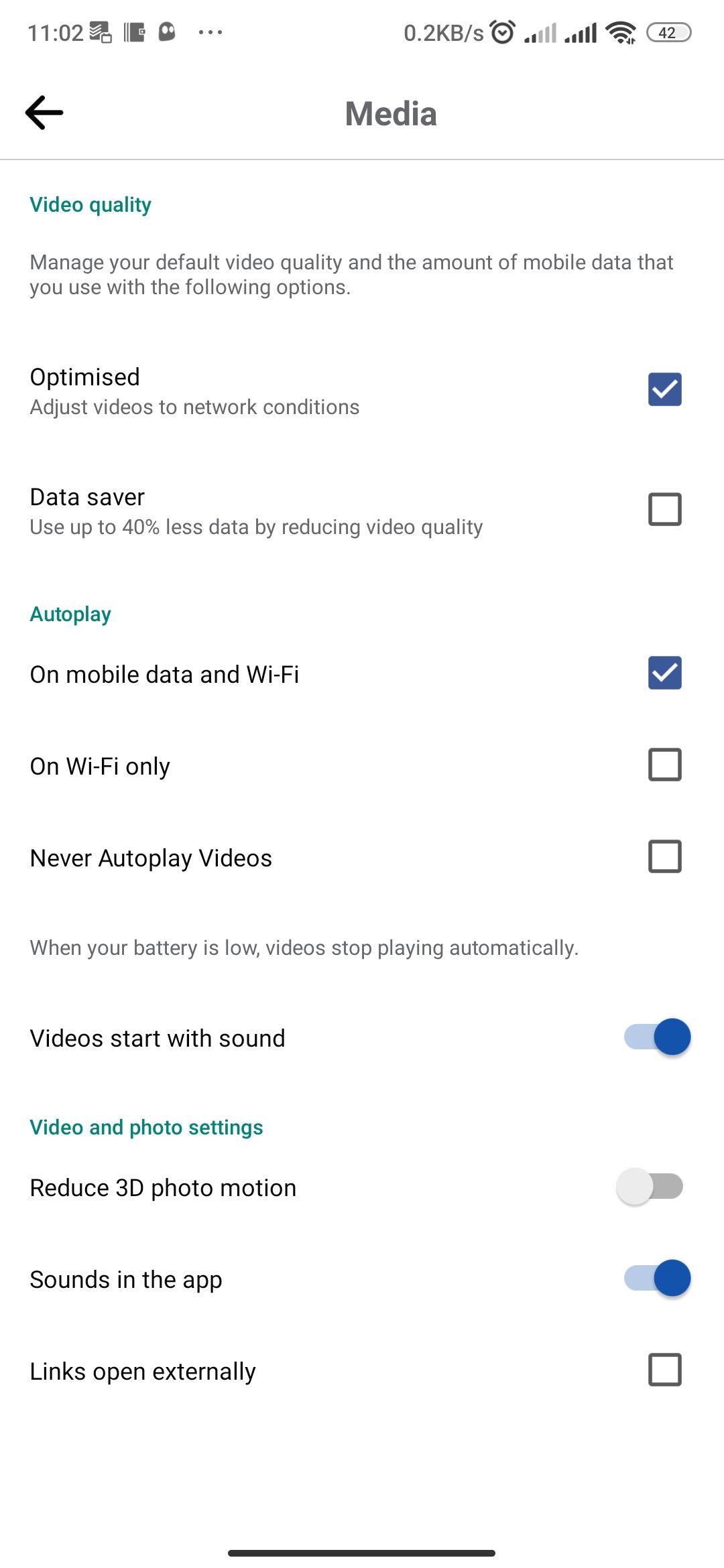 Facebook Android Media settings page