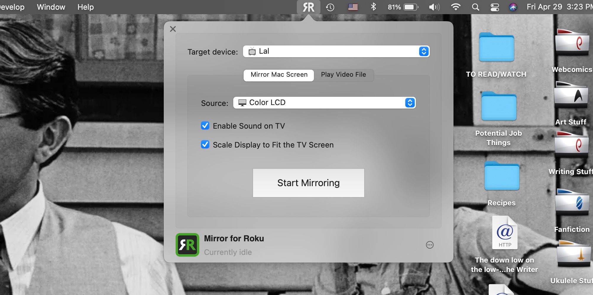 Mirror For Roku app open on MacBook