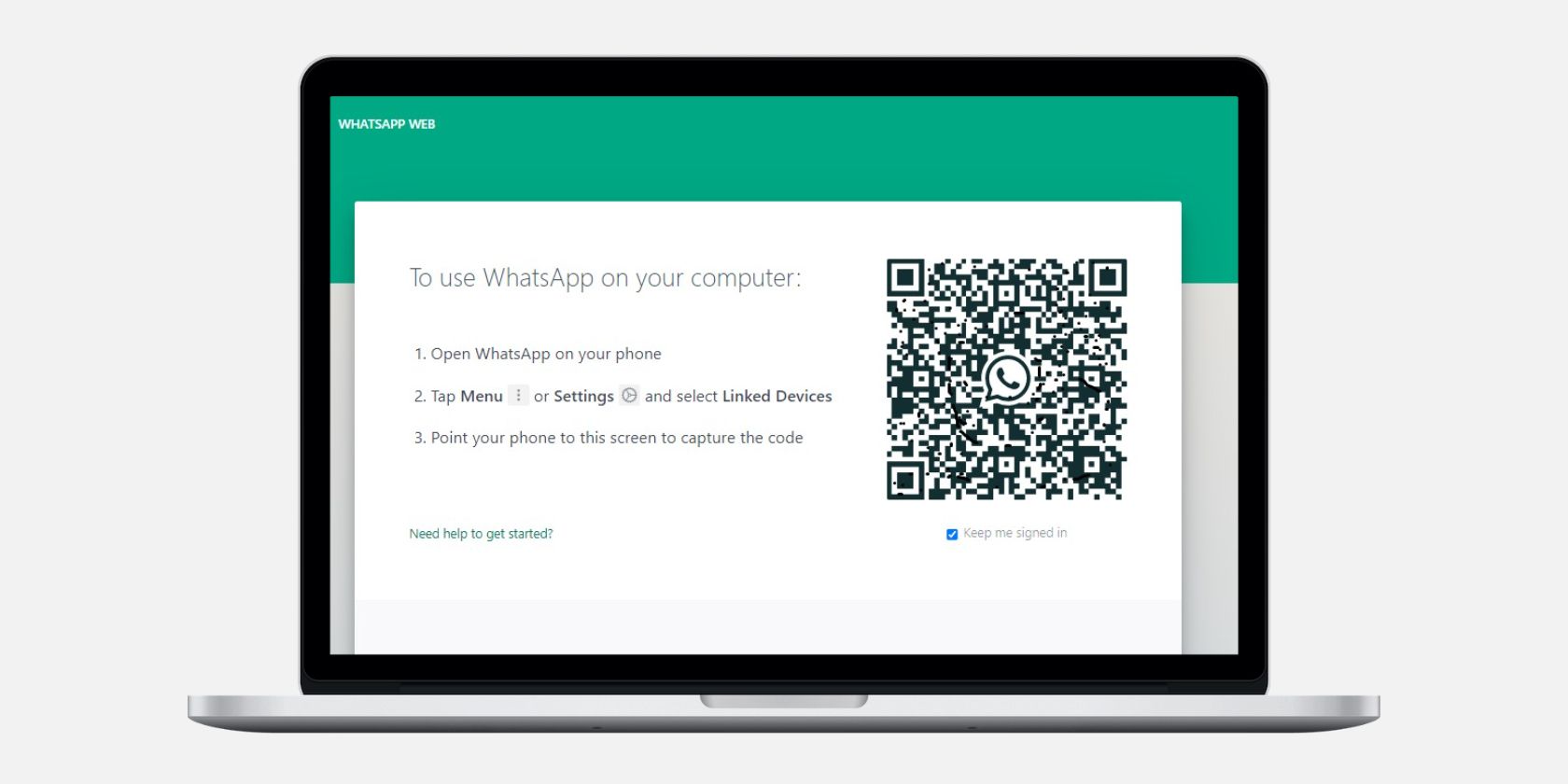 Mockup of WhatsWeb Homepage to Scan QR Code to Connect WhatsApp on a Laptop