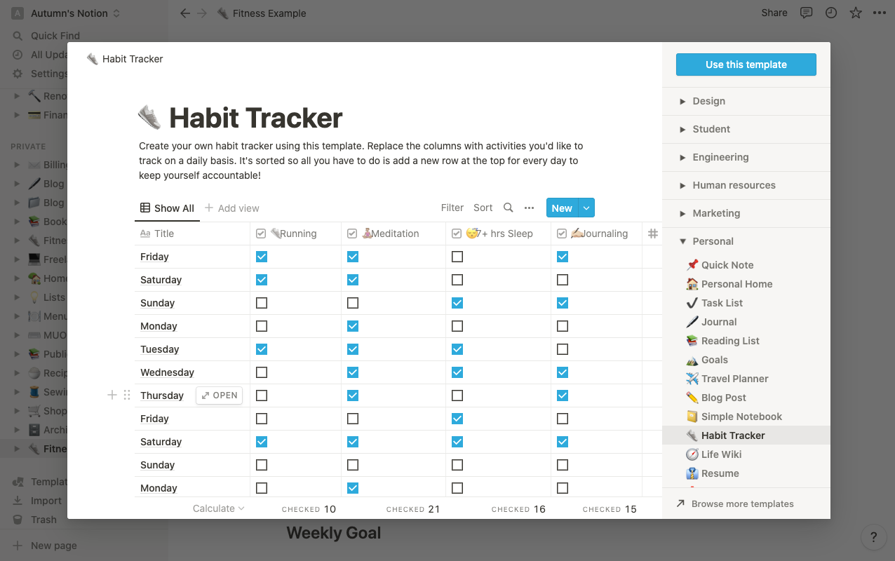 Screenshot of a habit tracker with checkboxes in columns