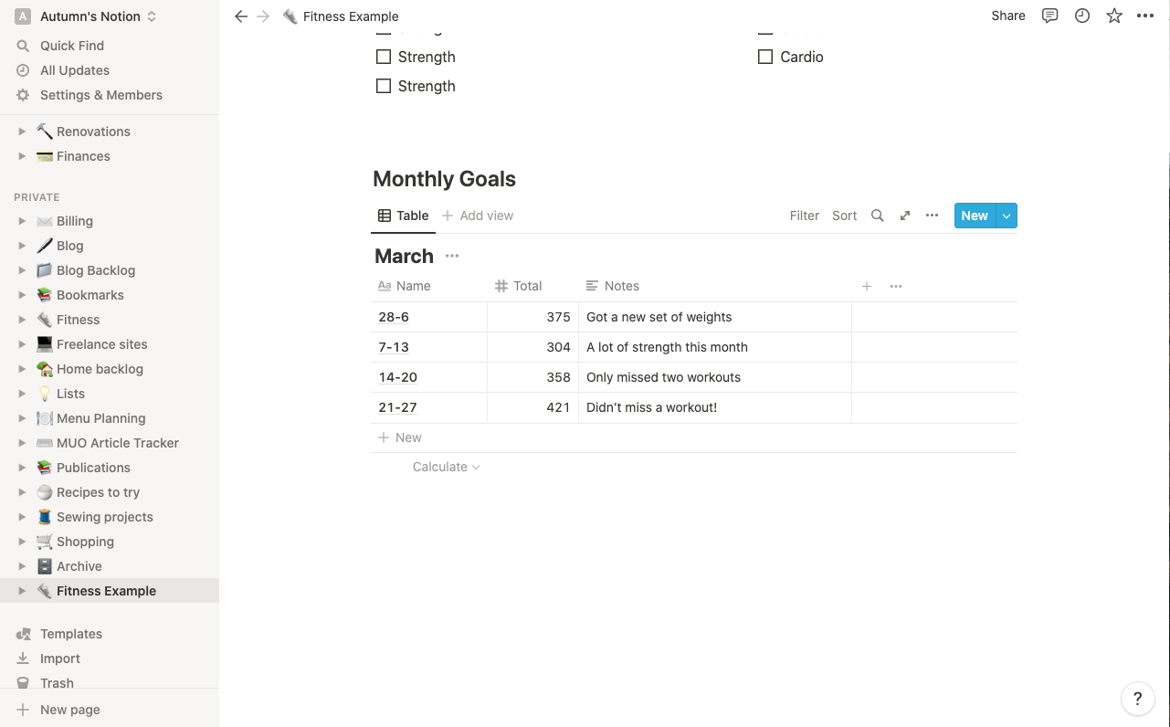 Table in project management software with monthly goal tracker