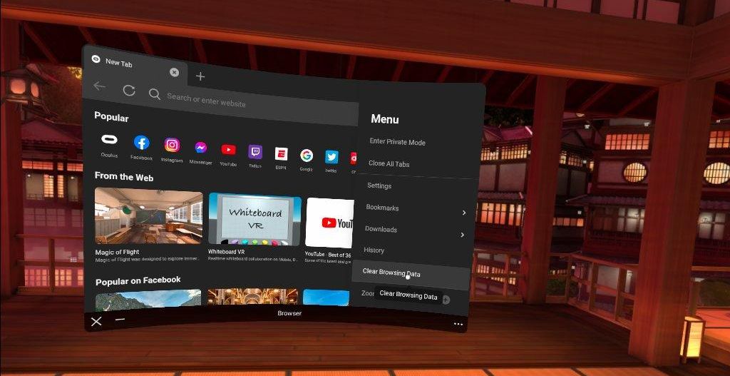 منوی مرورگر Oculus Quest 2