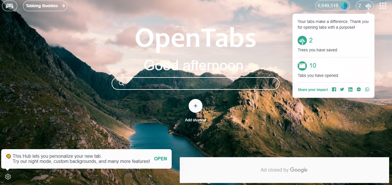 OpenTabs extension tab page