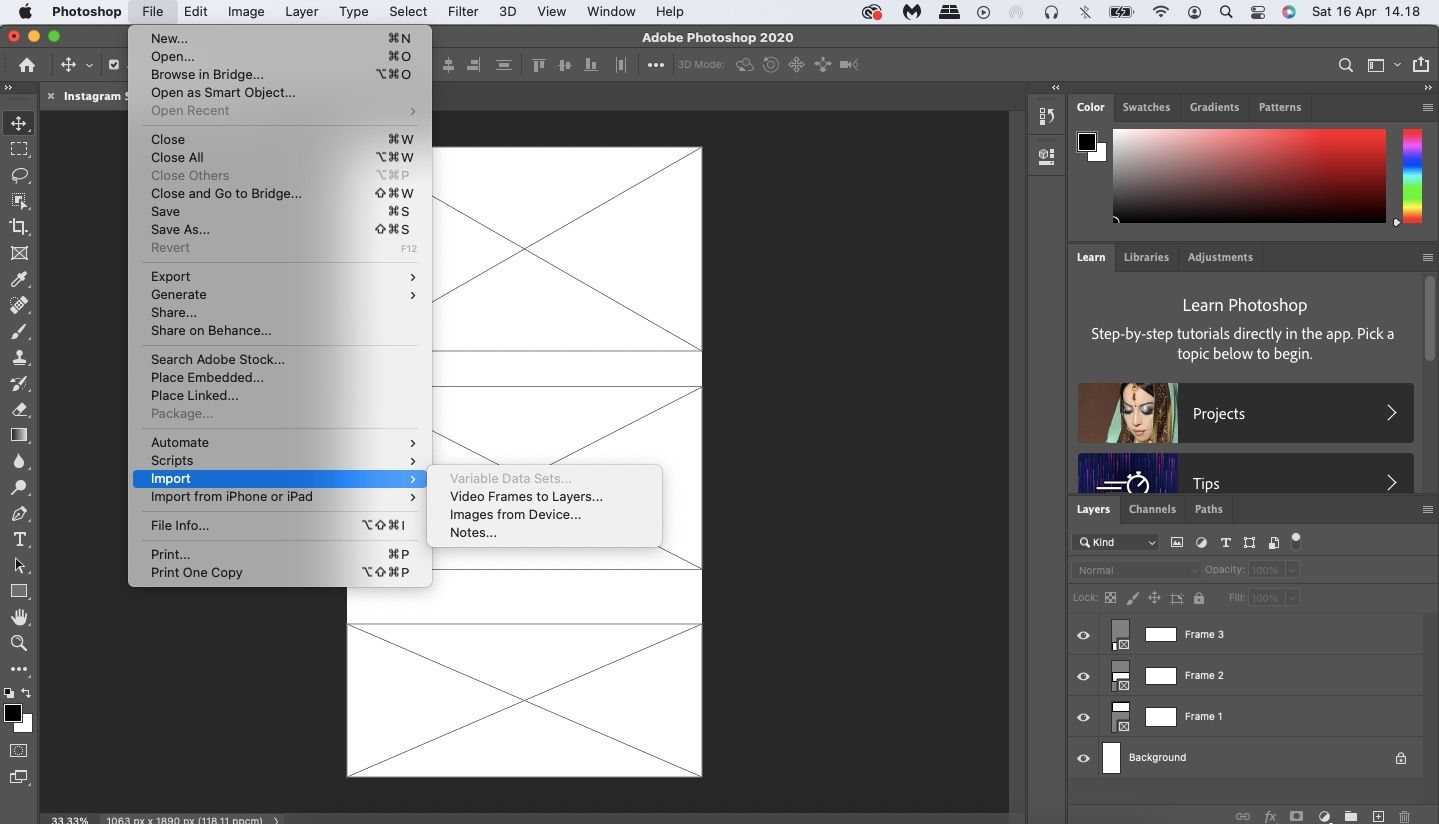 screenshot showing how to import files on adobe photoshop
