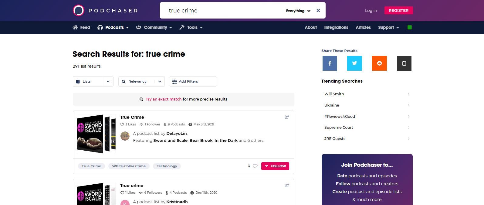 A Screenshot of Podchaser's Search Results for "True Crime"