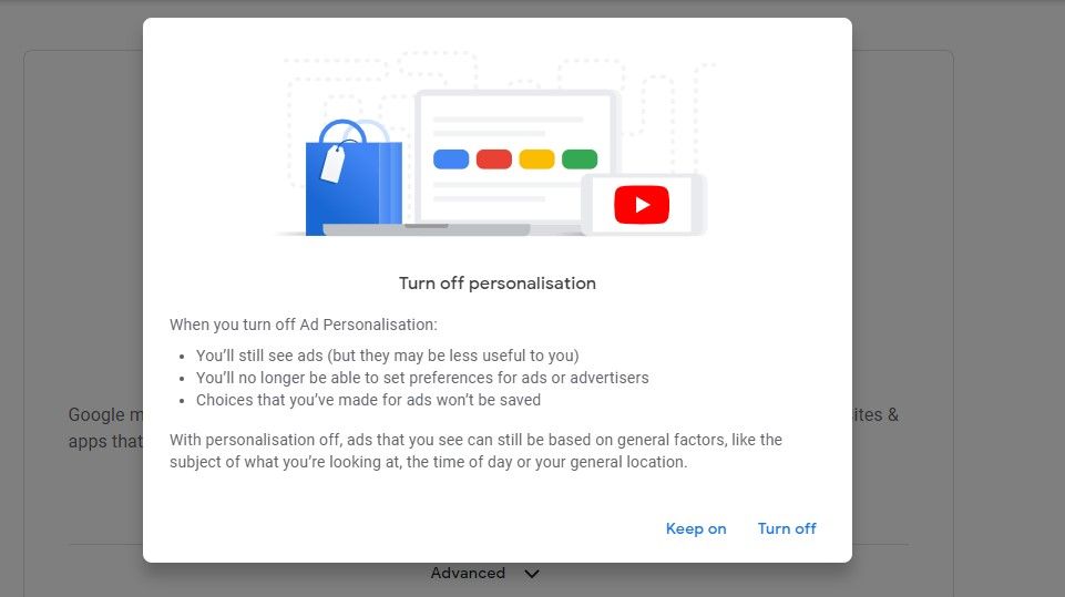 Pop Up Warning What You Stand to Lose By Turning Off Ad Personalisation