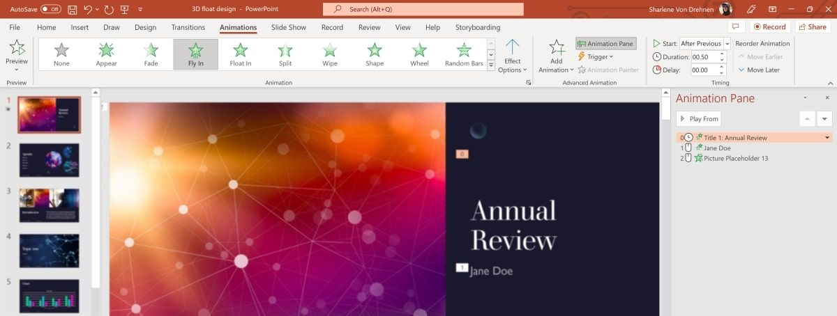 PowerPoint interface with animation pane open 