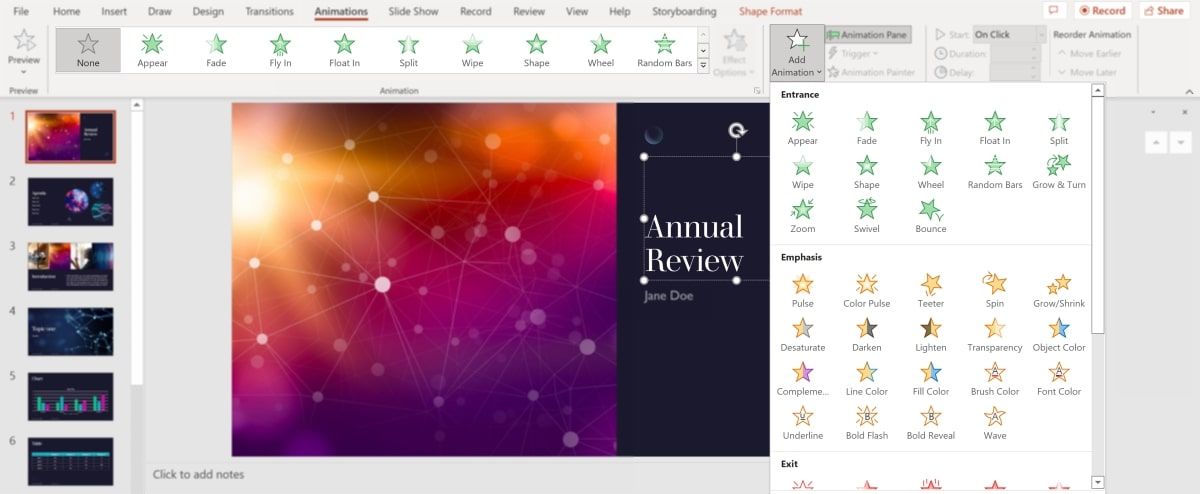Powerpoint with dropdown expanded with a list of animations to choose from 