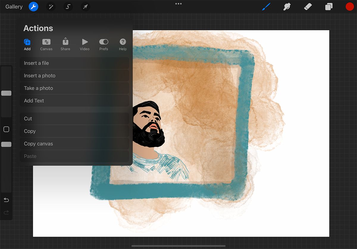 Procreate Actions menu showing insert options. Drawing of a man on the canvas.