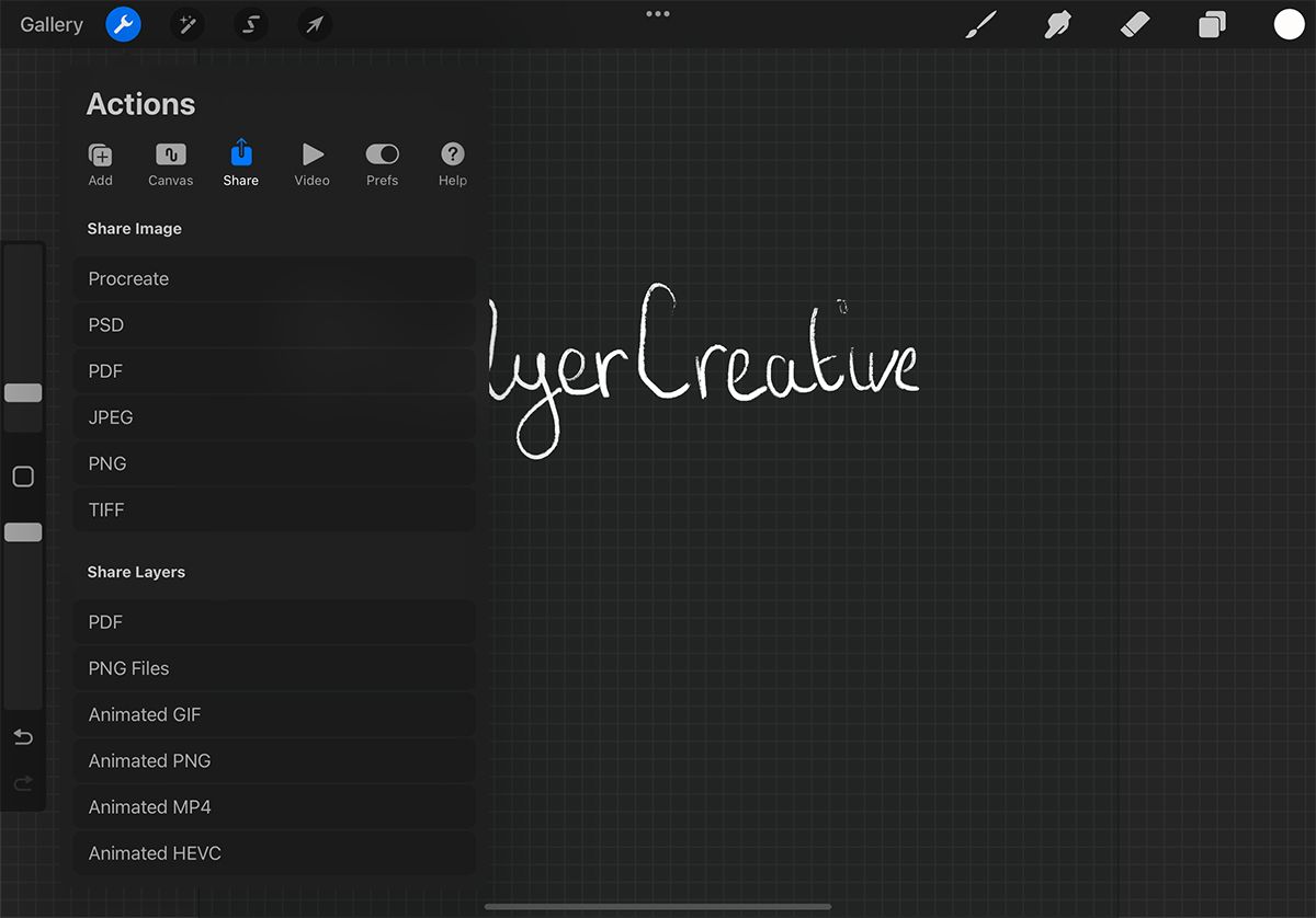 Procreate Actions menu with share options. White text on canvas.