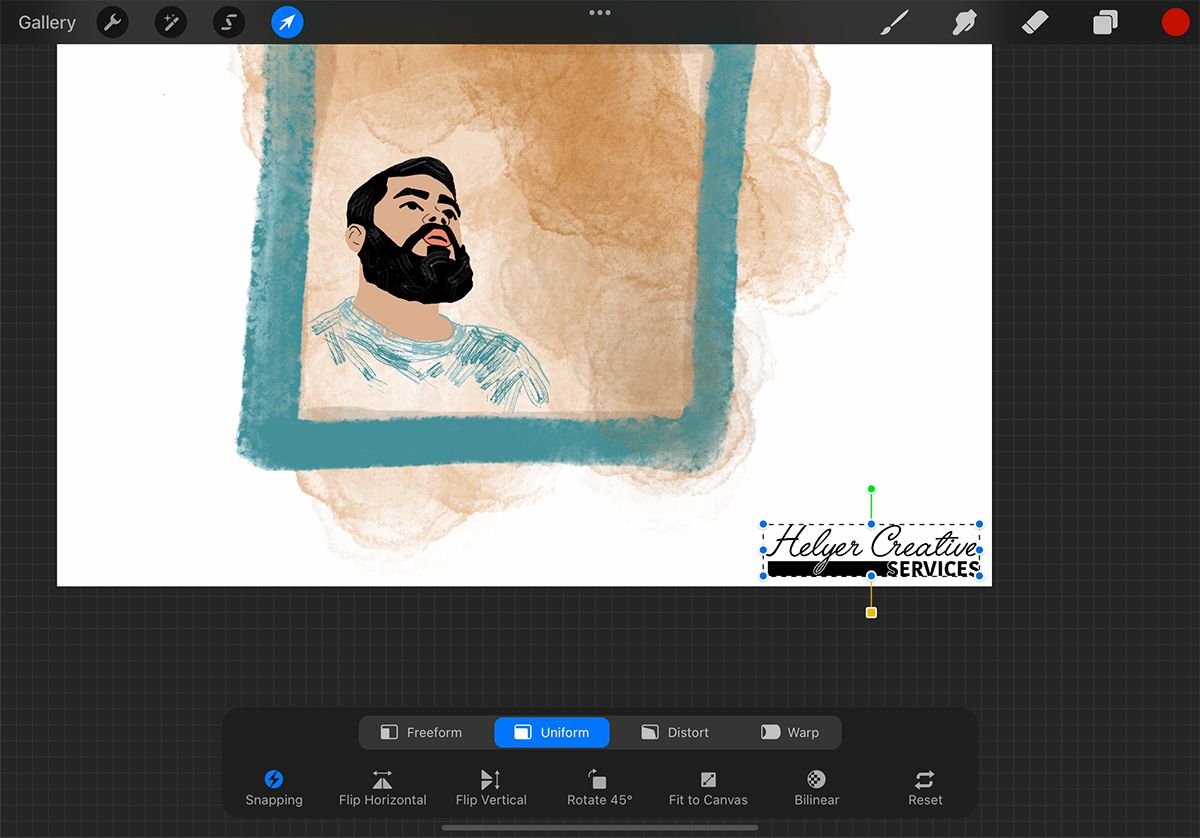 Procreate canvas with illustration of a man. Logo with selection is in bottom right corner.