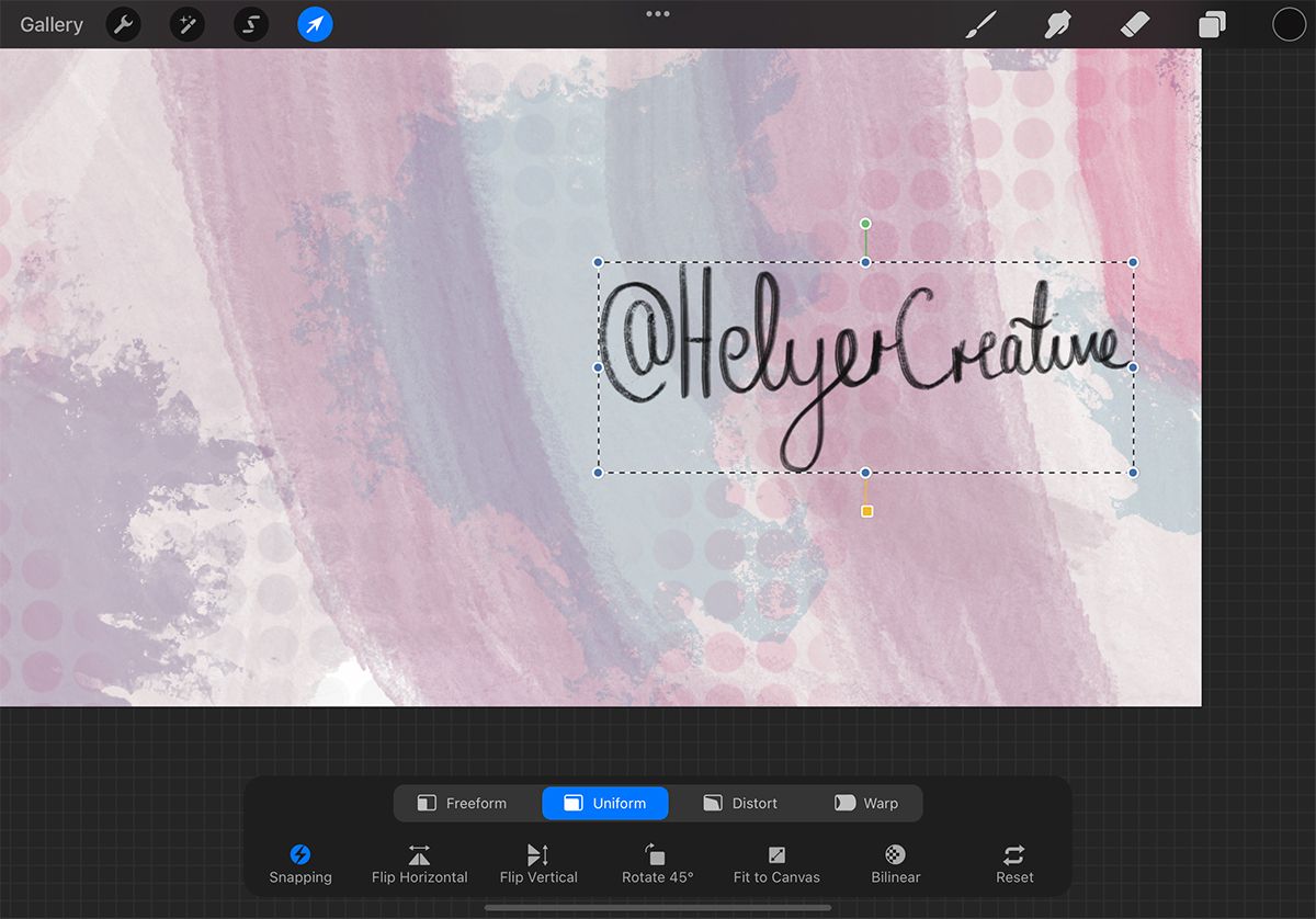 Procreate screen with pink splotched background and large handwritten "@HelyerCreative" with selection box.