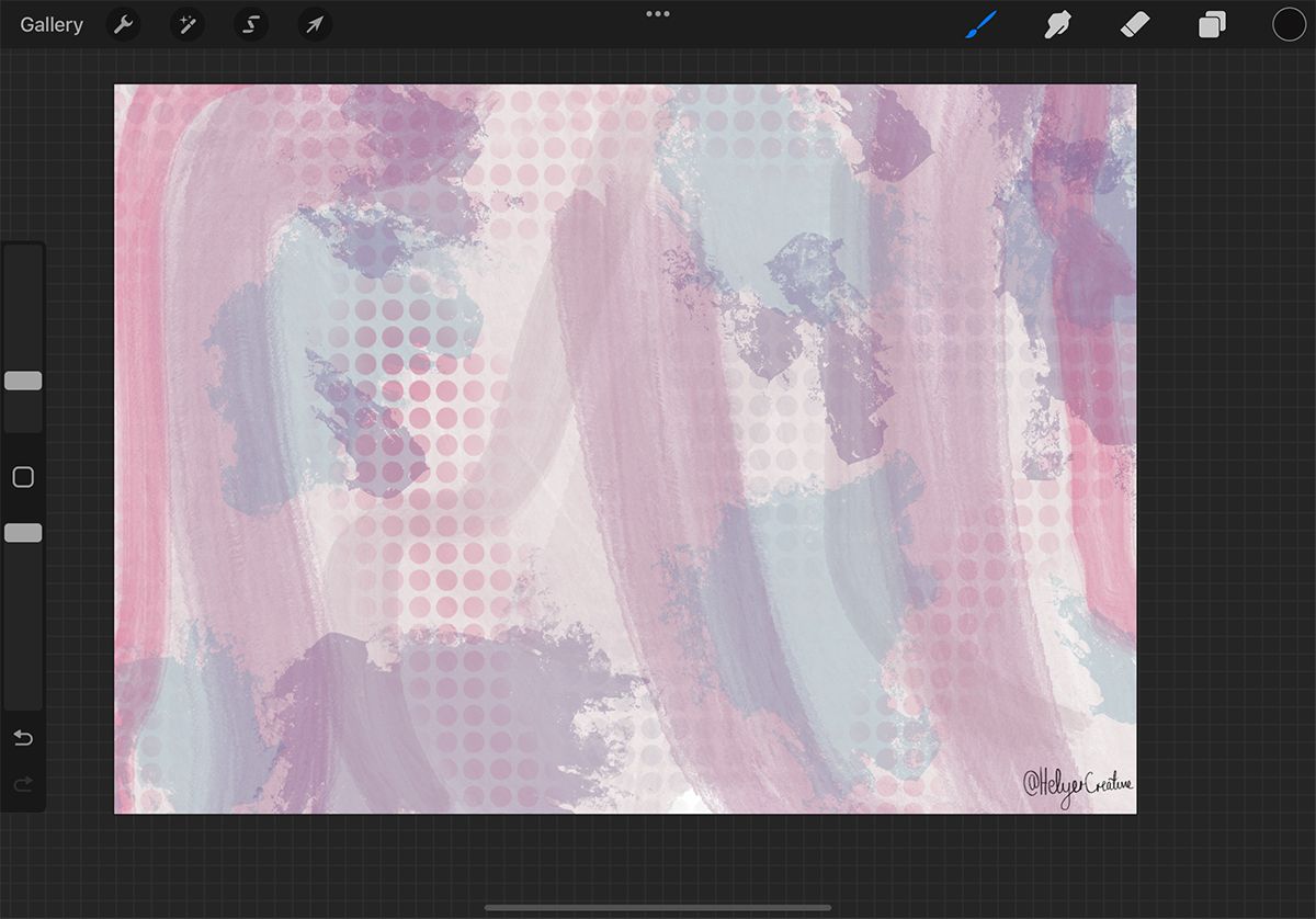 Procreate screen with pink splotched background and small handwritten "@HelyerCreative" in bottom right corner of canvas.