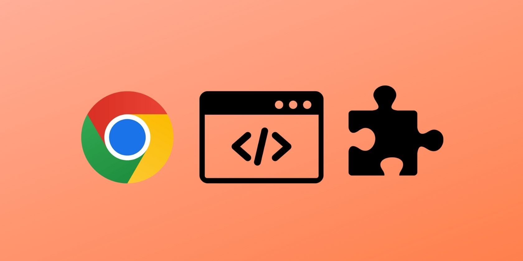 Google Chrome logo, programming icon, and puzzle piece icon on an orange gradient