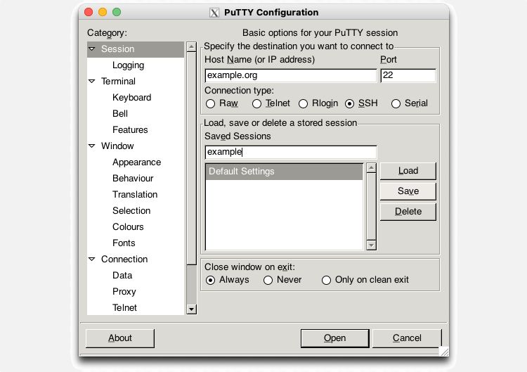PuTTY Configuration dialog showing options including Host Name, Port, and Connection type