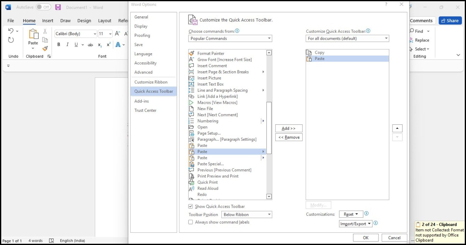 Quick Access Toolbar commands in MS-Word