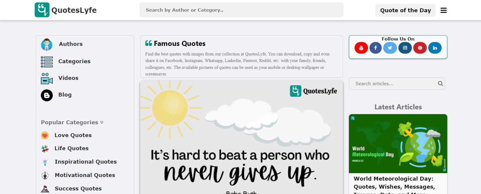 A Screenshot of QuotesLyfe's Website Landing Page