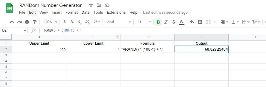 A screenshot showing a Random Number Generator Between Two Values using the RAND function