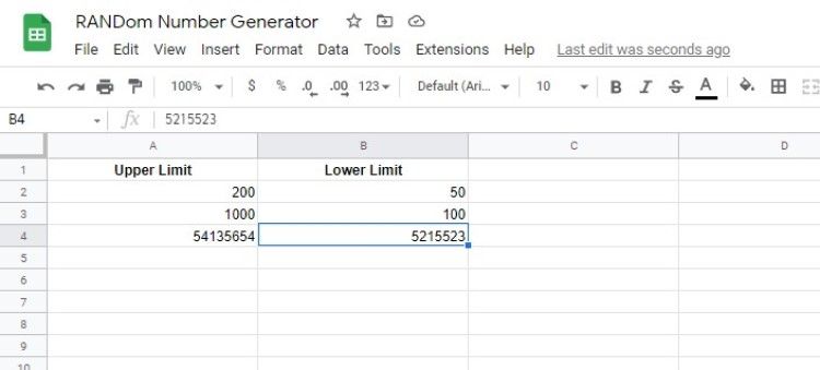 A screensho of the sample data for a random number generator in Google  Sheets