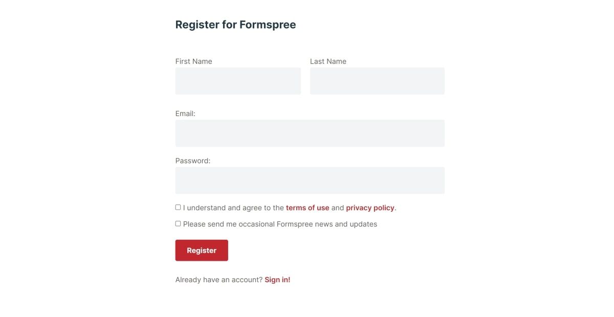 Formspree open showing the Register page