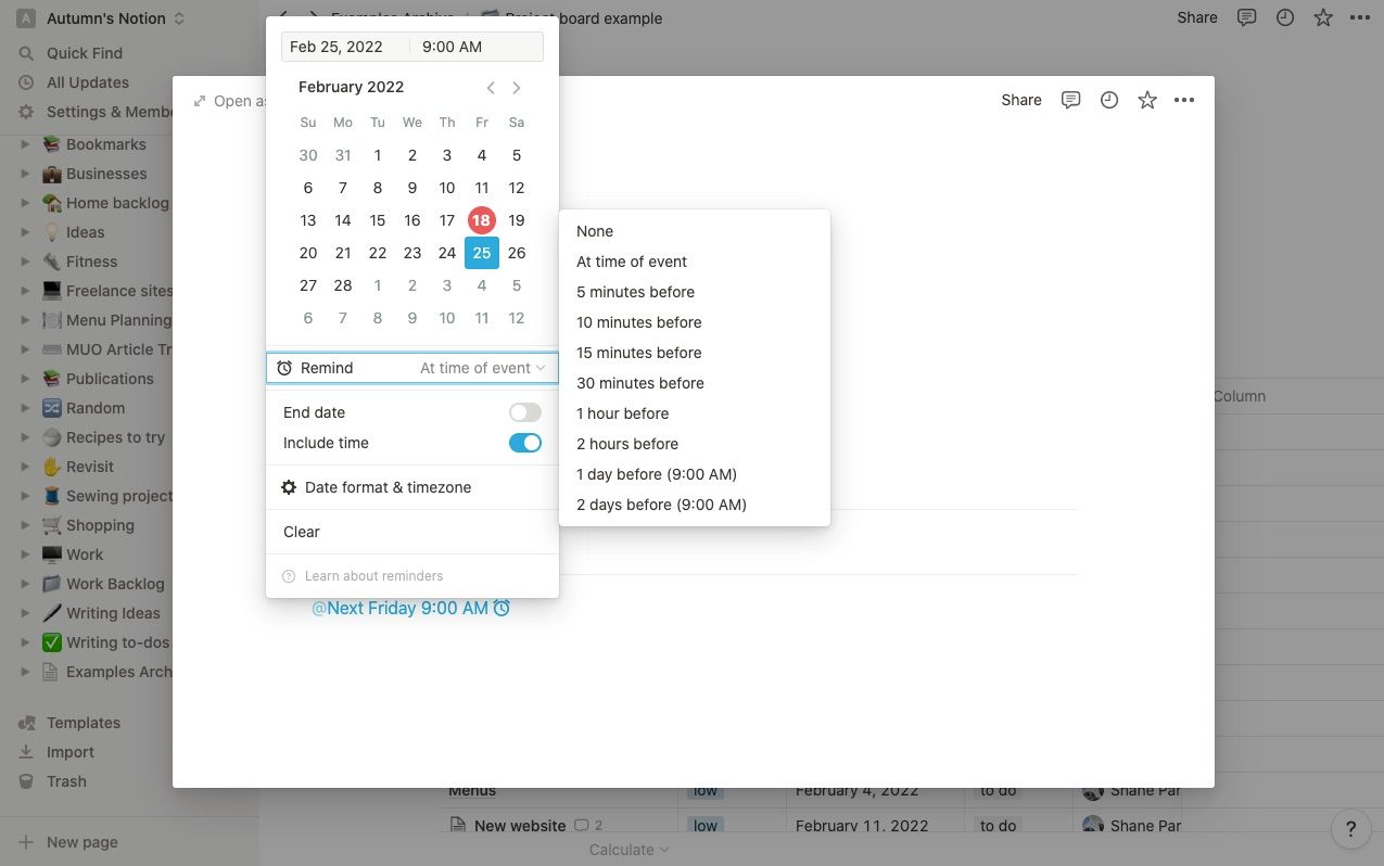 Screenshot of a reminders menu in project management software