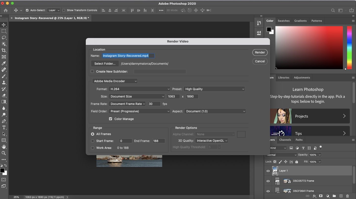 screenshot showing how to render a video in photoshop