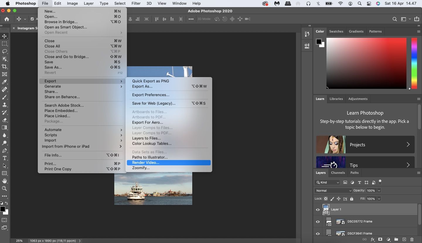 screenshot showing the action to render a video in photoshop
