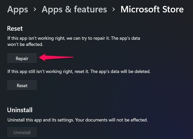 Window pointing at Windows Store Repair option