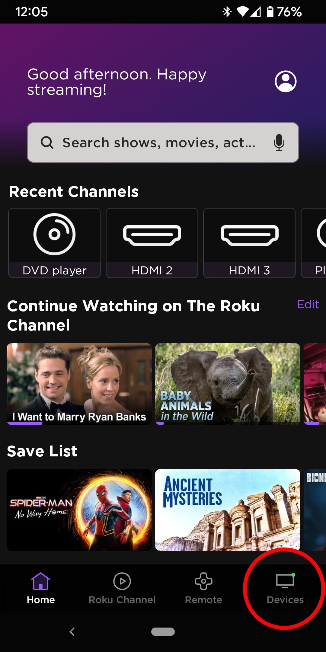 Roku app Devices circled