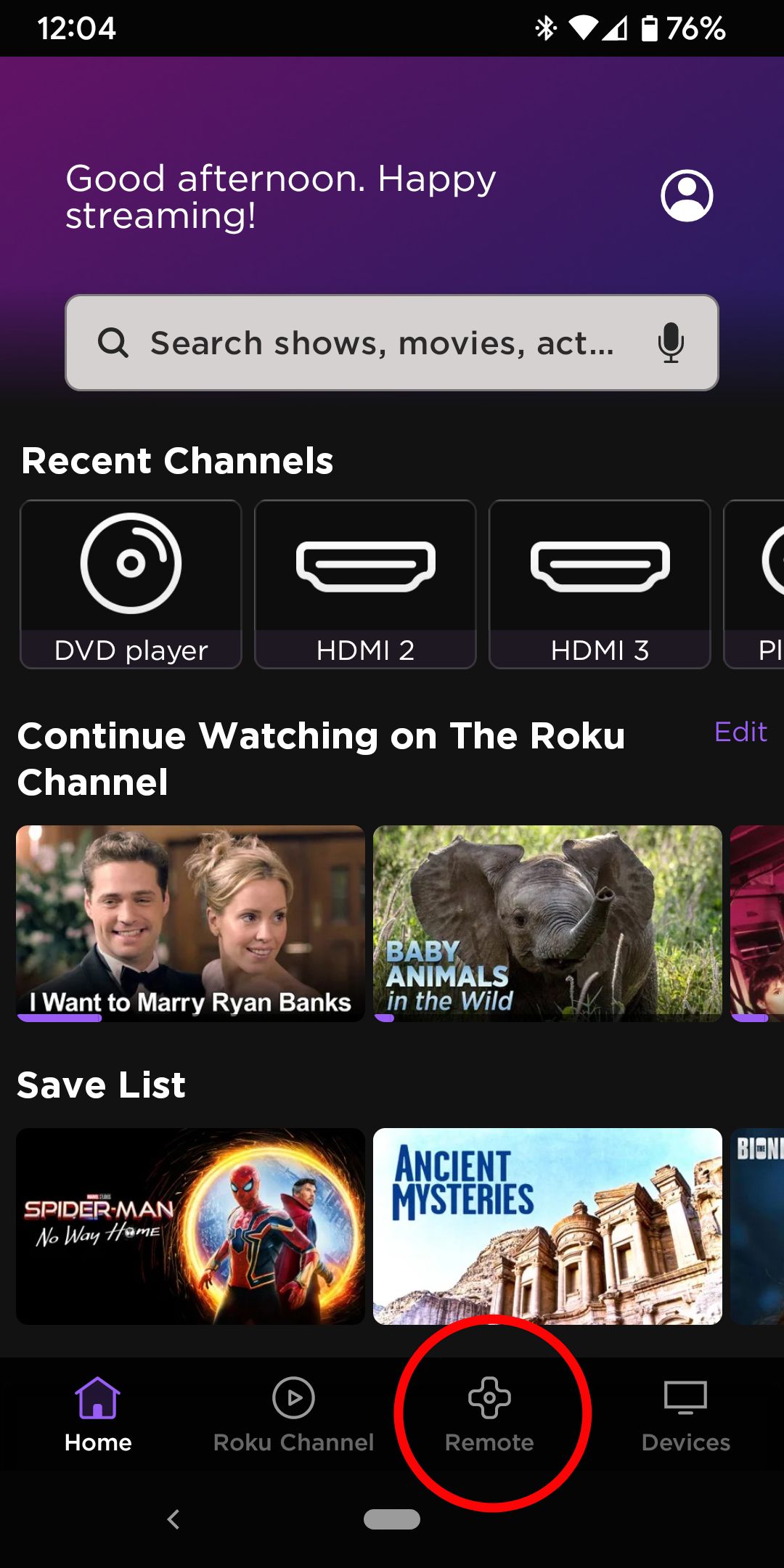 Roku app Home screen Remote circled