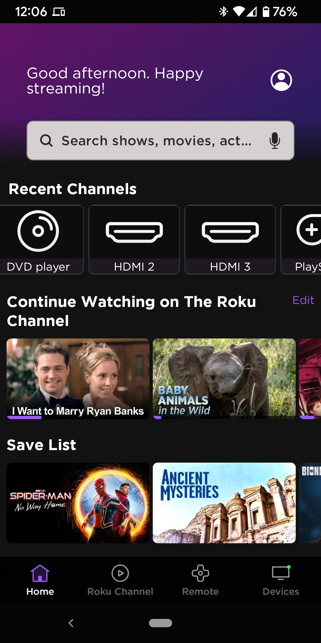 Roku app recent channels inputs