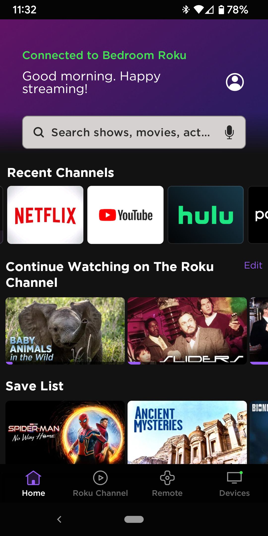 Roku app Home screen with recent channels