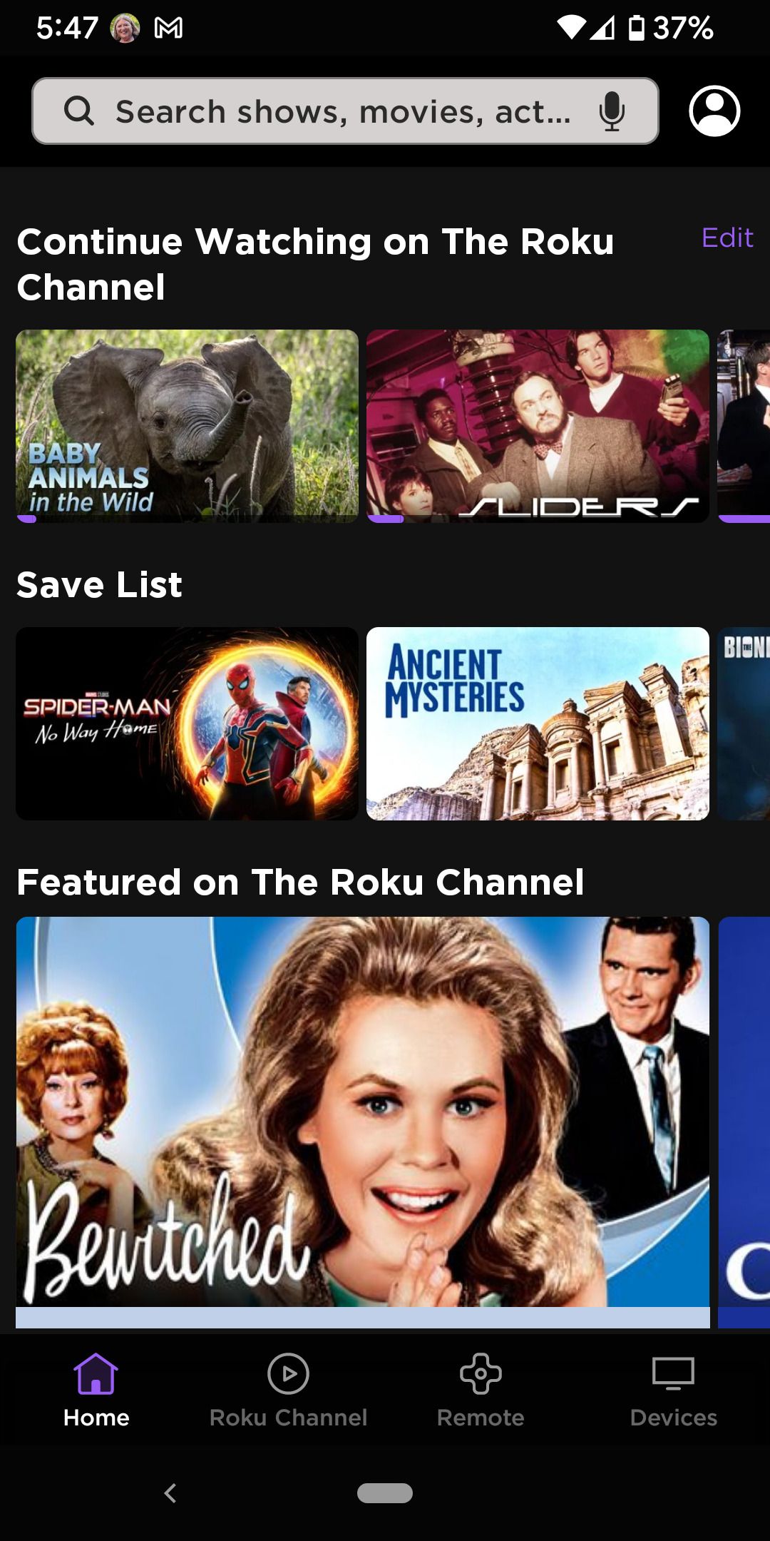 Roku app Home screen with Save list