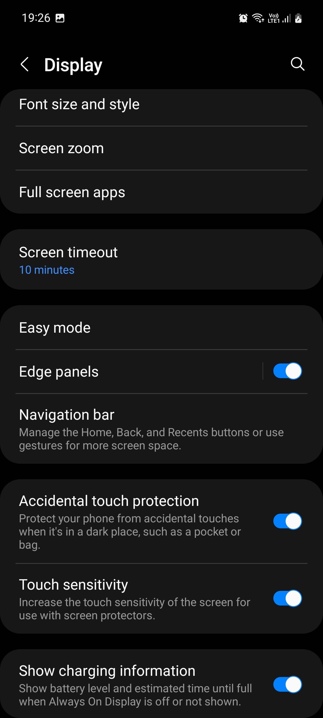 Samsung Galaxy settings display