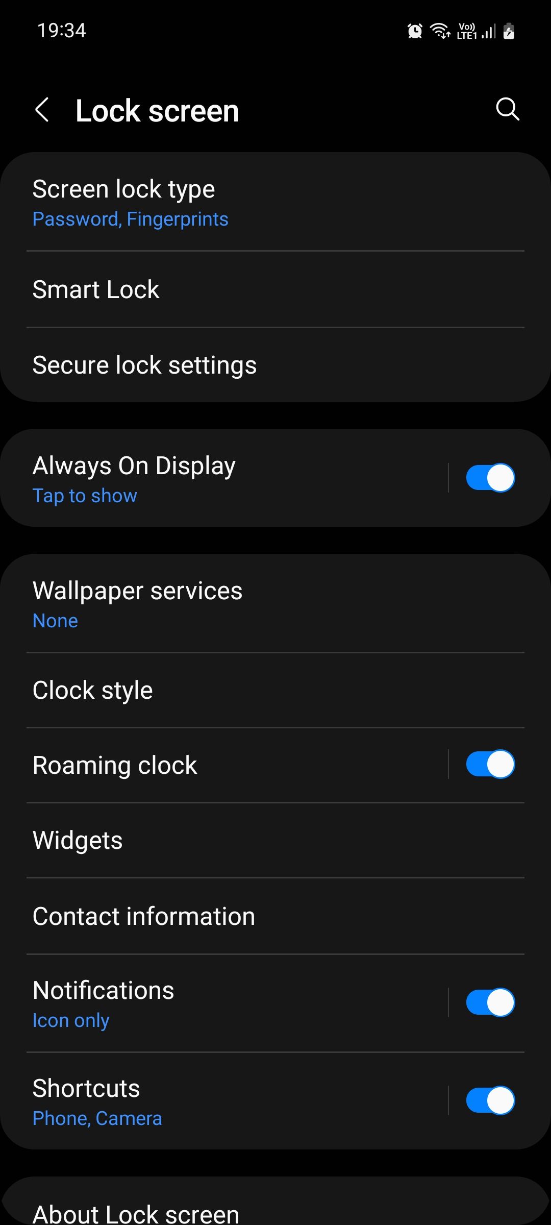 Samsung Galaxy settings lock screen