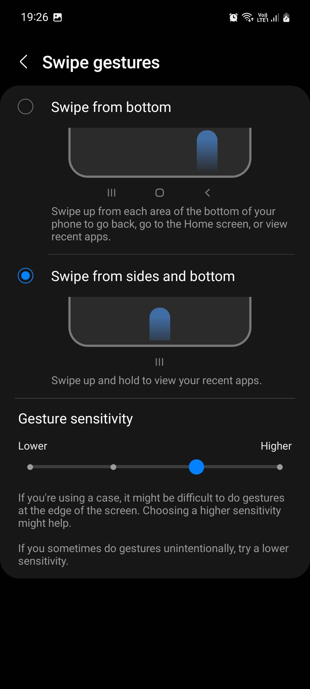 Samsung Galaxy settings swipe gestures