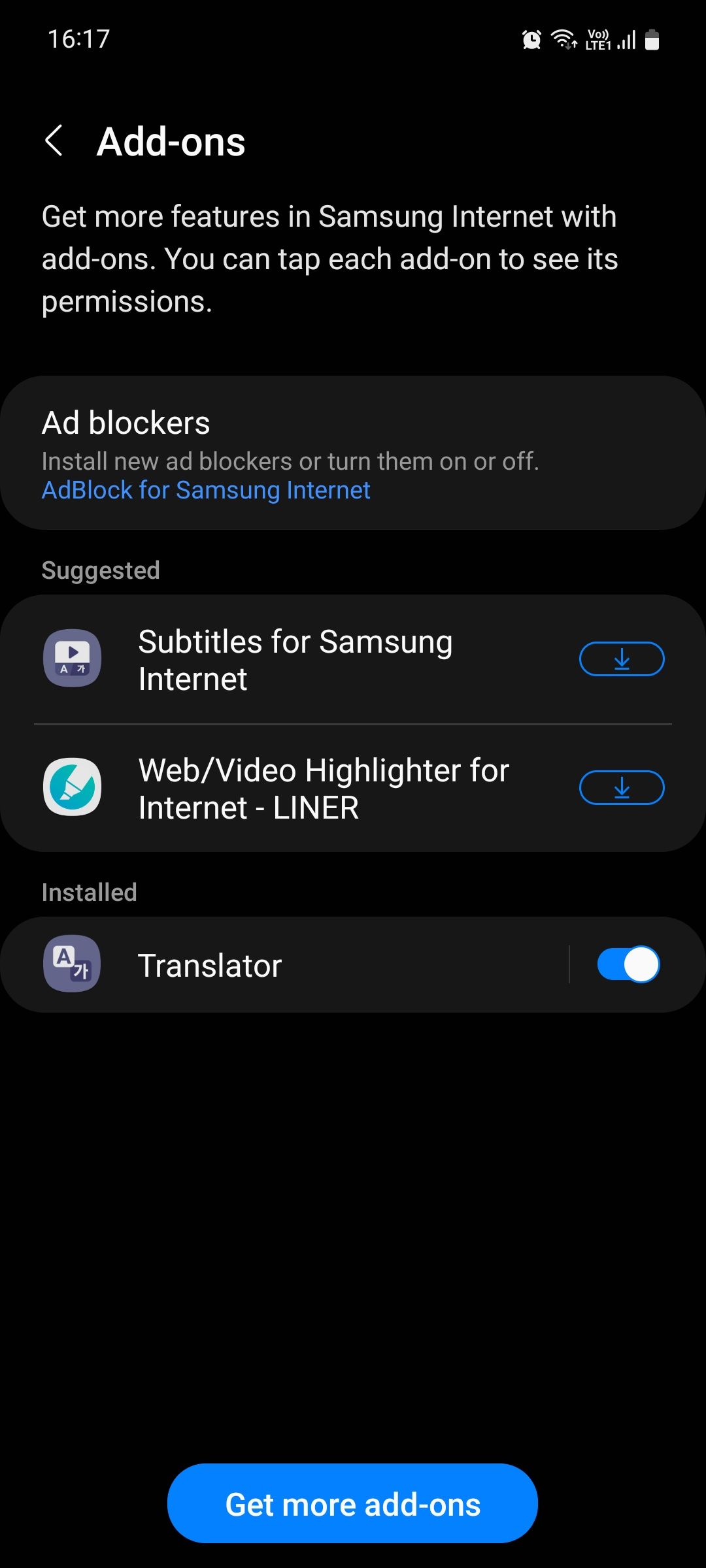 Samsung Internet add-ons