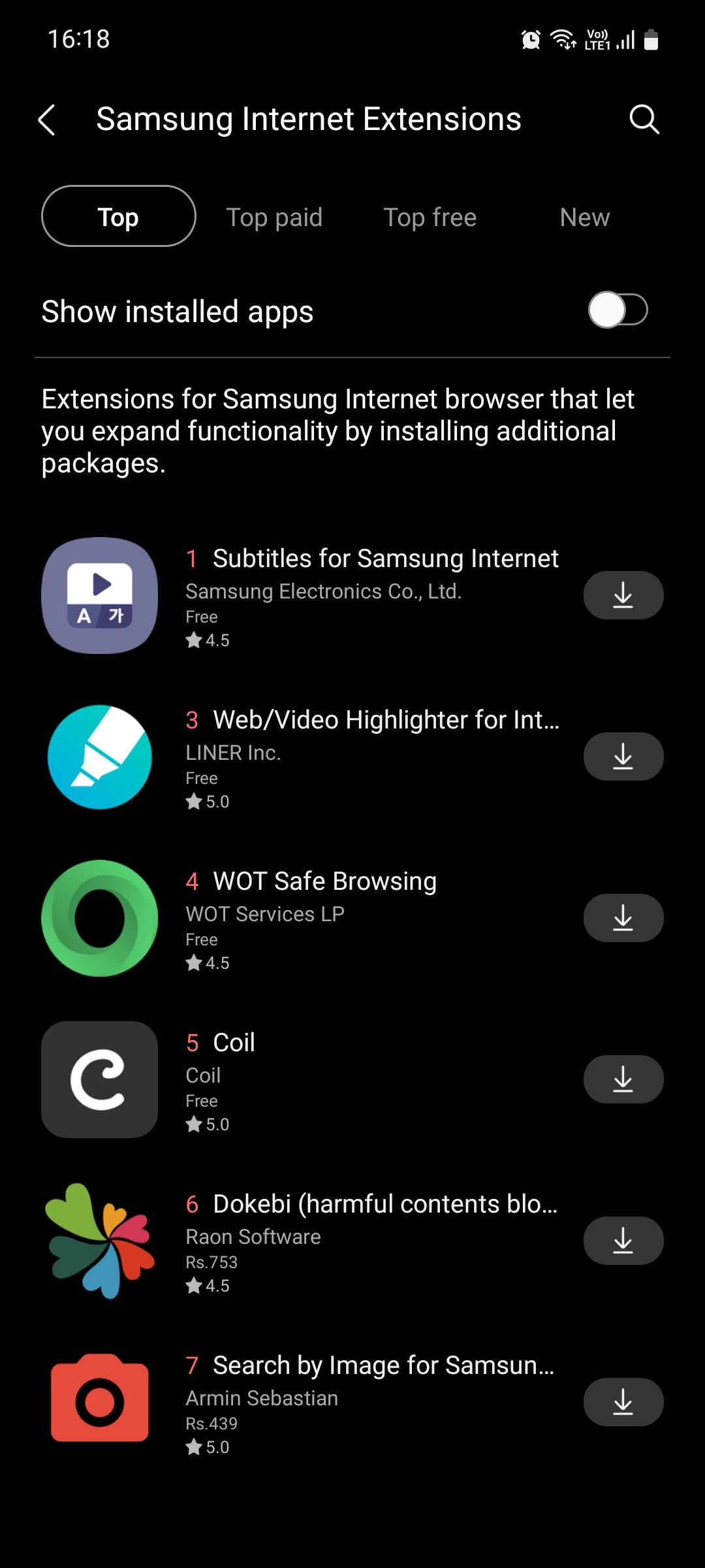 Samsung Internet extensions