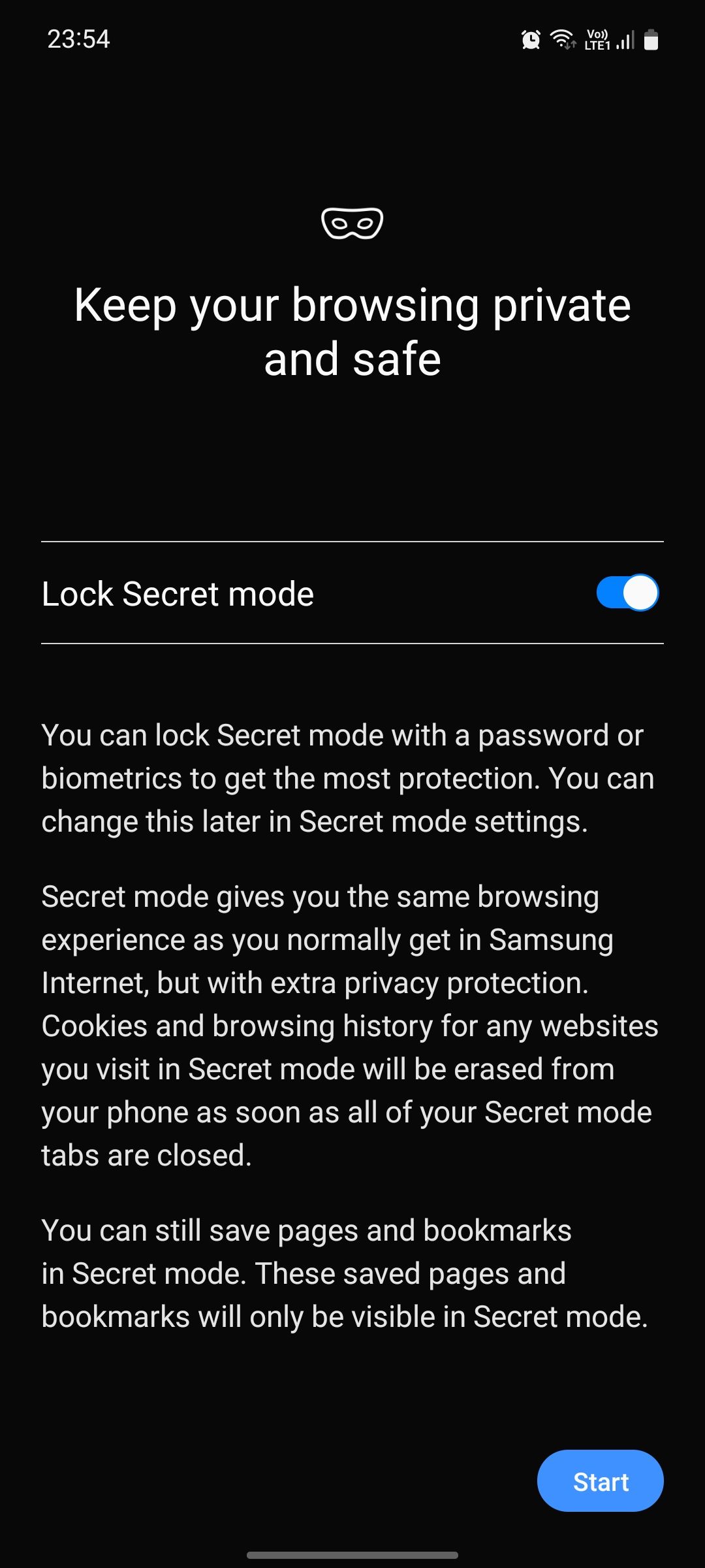 Samsung Internet secret mode activation page