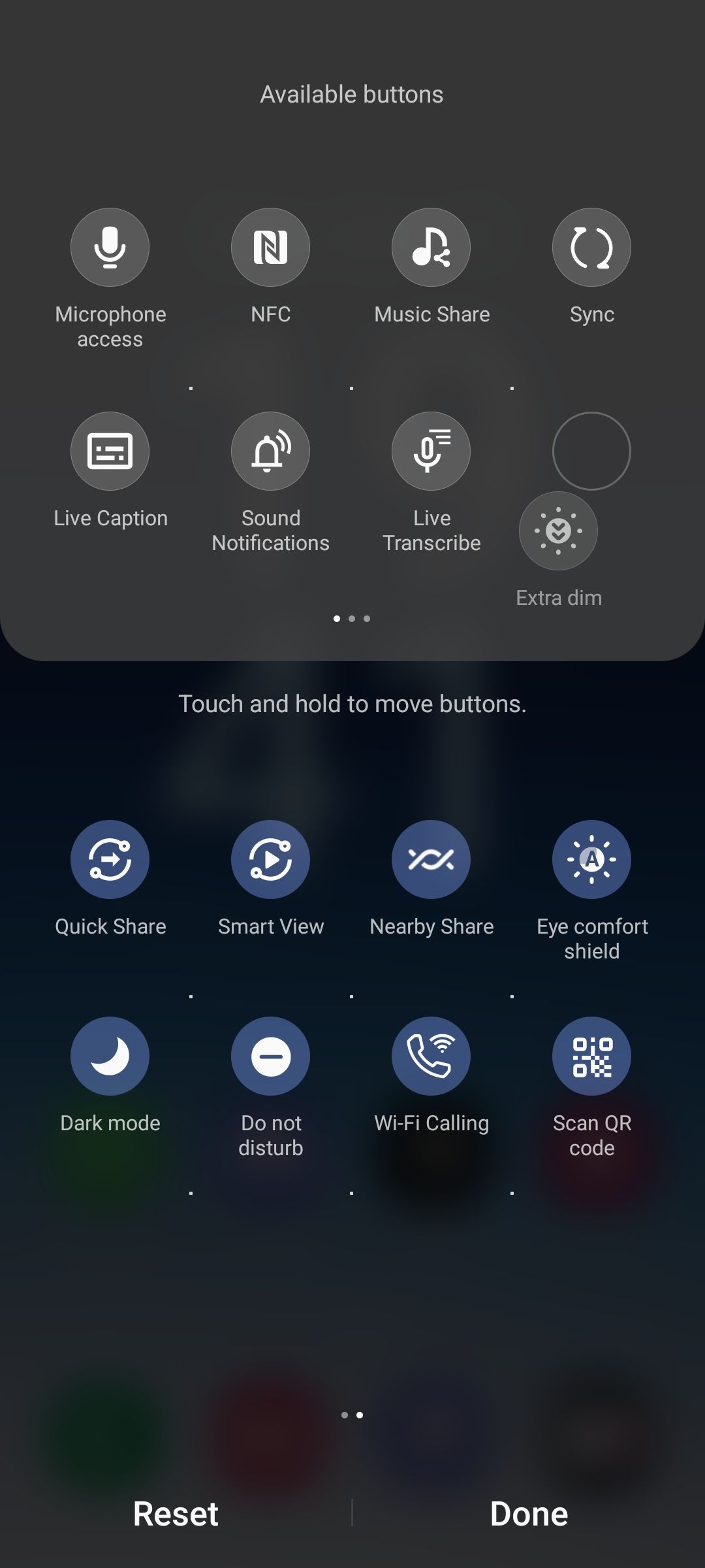 Samsung Quick Settings available buttons