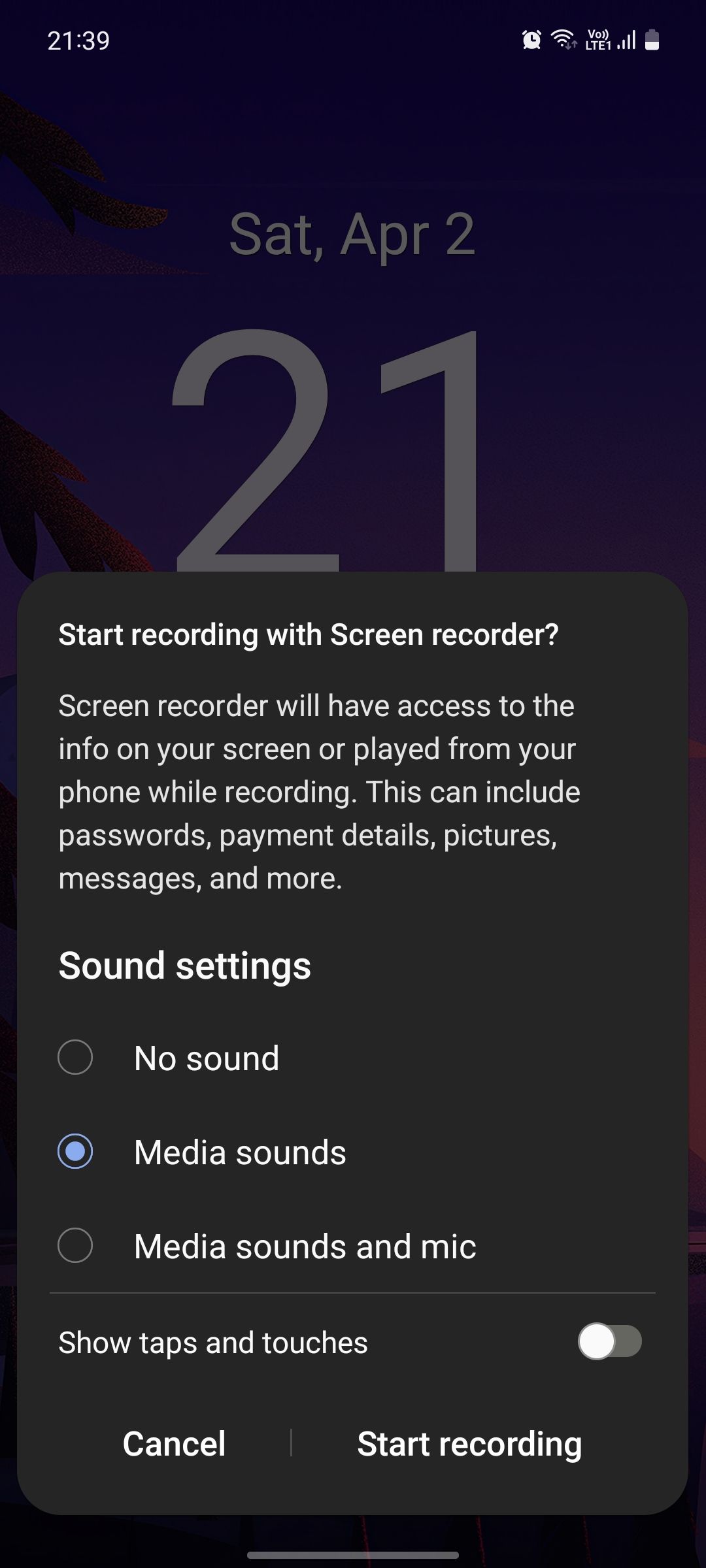 Samsung screen recorder sound settings