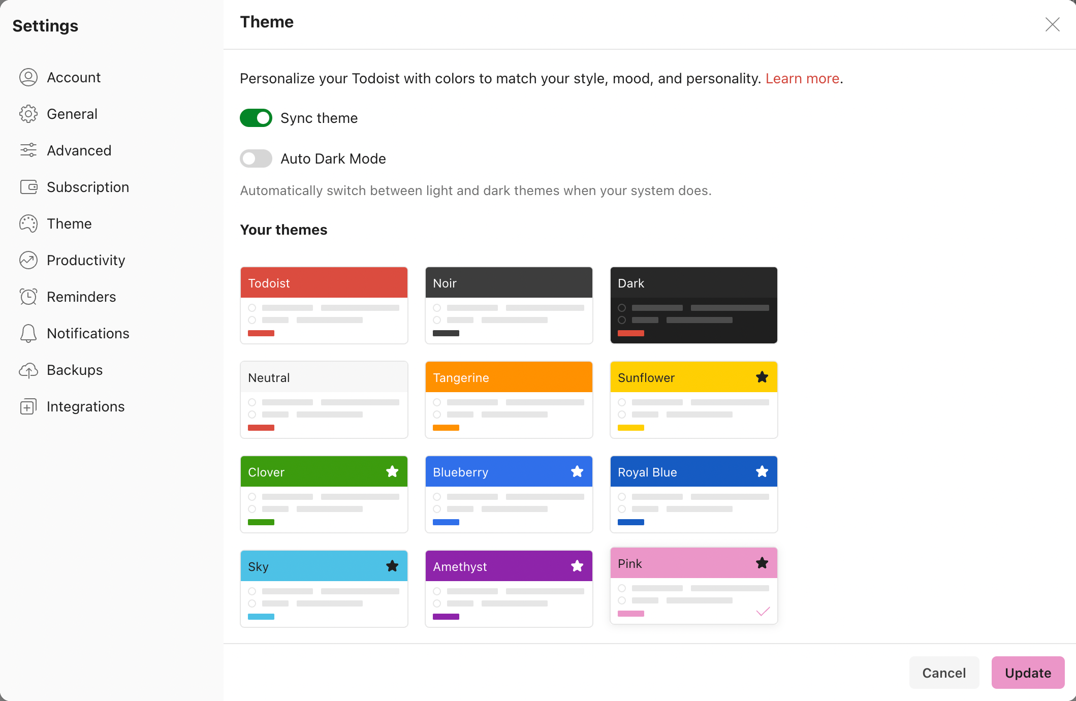 تغییر تم رنگ در Todoist