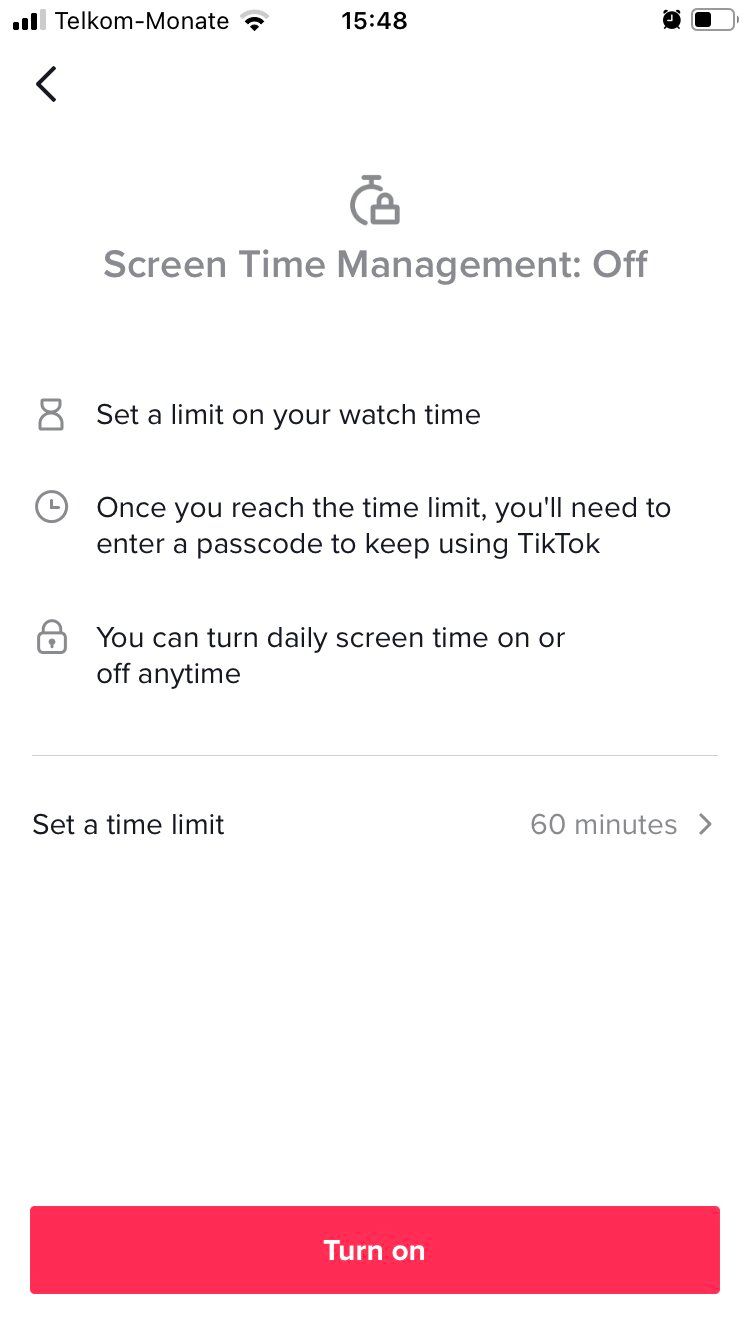 Screen time management page on TikTok