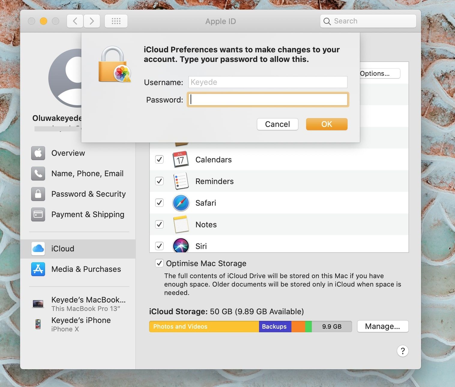 Mac iCloud Settings Page showing an admin password request
