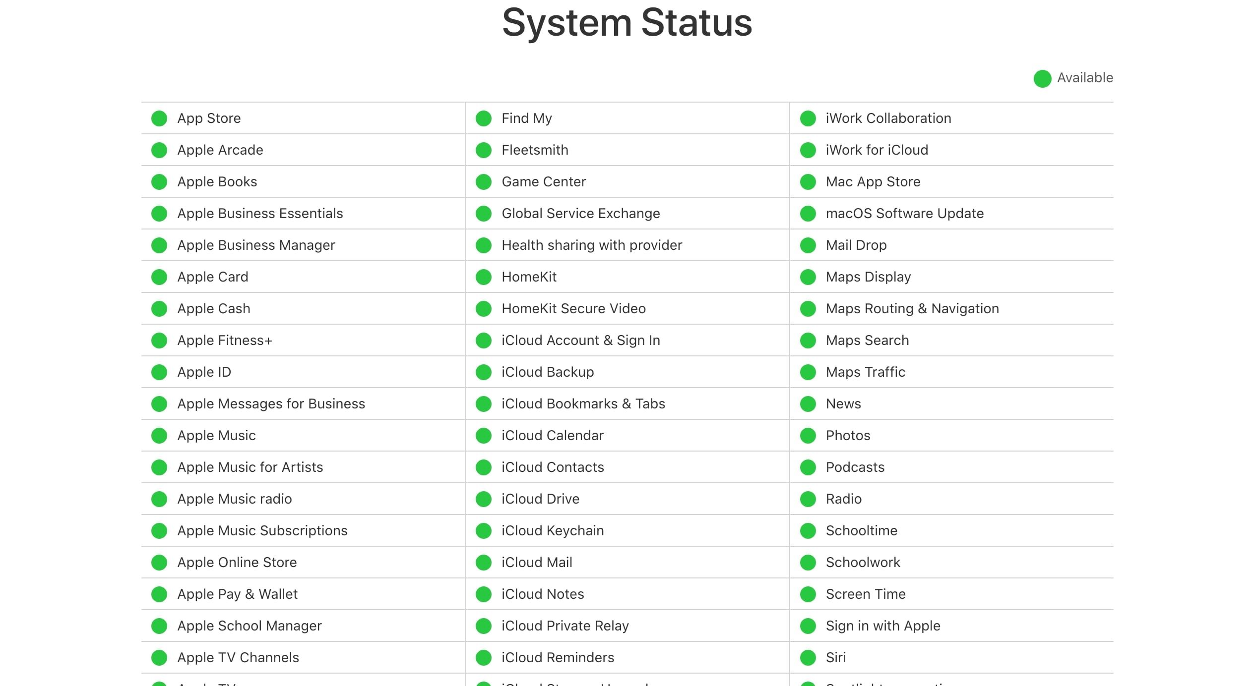 Screenshot of Apple's System Status website 