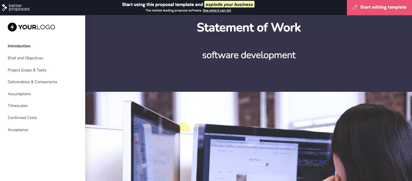 Screenshot of Better Proposals Software Development Statement of Work Editor
